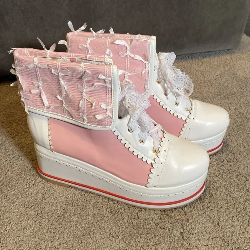 Women’s Platform Wedge Boots Pink & White Size EU 46 (13.5 US) NEW